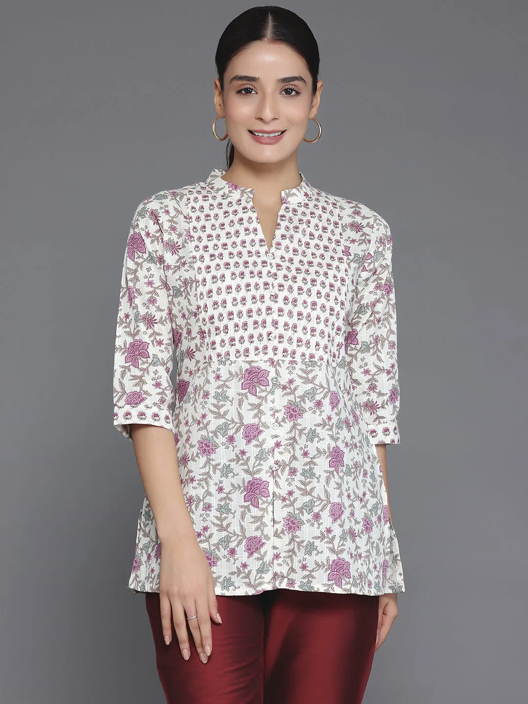 Off White Floral Printed Cotton Straight Kurta